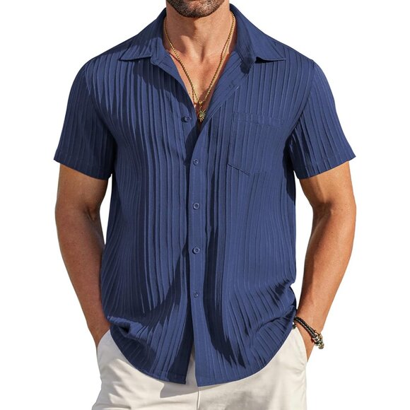 Men's Blue Casual Button Down Shirts Short Sleeve Textured Summer Beach Shirt